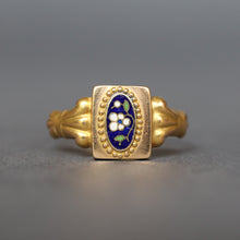 Load image into Gallery viewer, Pansy ring. Antique pansy ring. Antique flower ring. Enamel flower ring. Victorian flower ring. Victorian pansy ring. Language of flowers. Flower jewellery. Flower jewelry. Enamel pansy ring. Antique plaque ring. Victorian plaque ring. Plaque ring.