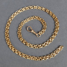 Load image into Gallery viewer, Antique Victorian long guard chain in 9ct 9k yellow gold with oval belcher links and dog clip.