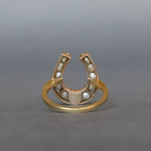 Load image into Gallery viewer, Vintage pearl lucky horseshoe ring in 14ct gold
