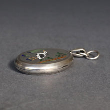 Load image into Gallery viewer, Antique Aesthetic style enamel locket in sterling silver with stork