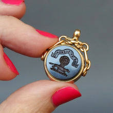Load image into Gallery viewer, Antique spinner fob. Victorian spinner fob. Antique intaglio fob. Antique hardstone intaglio. Memento mori jewelry. Memento mori jewellery. Fox intaglio. Sheaf of wheat. Fide et clementia. Faith and mercy. Latin motto. Antique intaglio pendant. Victorian intaglio pendant.