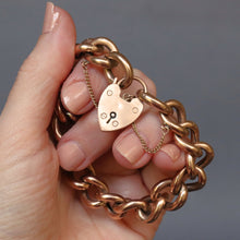 Load image into Gallery viewer, Antique chunky curb link bracelet with heart padlock in 9ct gold