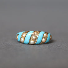 Load image into Gallery viewer, Antique ribbon ring. Blue enamel ribbon ring. Antique blue enamel ribbon ring. Victorian ribbon ring. Victorian blue enamel ring. Antique blue enamel ring. Antique enamel and pearl ring. Victorian enamel and pearl ring. Robin's egg blue enamel ring. Antique tiffany blue enamel ring. Victorian tiffany blue enamel ring.
