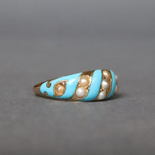 Load image into Gallery viewer, Antique blue enamel ribbon ring with pearls in 15ct gold