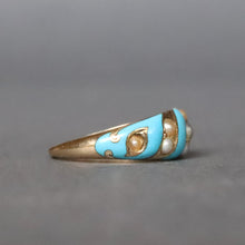 Load image into Gallery viewer, Antique blue enamel ribbon ring with pearls in 15ct gold
