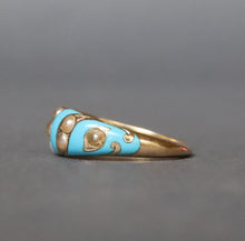 Load image into Gallery viewer, Antique blue enamel ribbon ring with pearls in 15ct gold