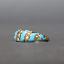 Load image into Gallery viewer, Antique blue enamel ribbon ring with pearls in 15ct gold
