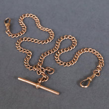 Load image into Gallery viewer, Albert chain. Watch chain. Gold watch chain. Curb link chain. Double dog clips. Dog clip chain. Floating fob. Chain with floating fob. Gold chain. Gold watch chain. Gold curb link chain. 9k gold chain. 9ct gold chain. Antique Albert watch chain with floating T-bar fob, double dog clips in 9ct rose gold. Short length antique chain. Choker length chain.