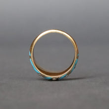 Load image into Gallery viewer, Antique blue enamel ribbon ring with pearls in 15ct gold