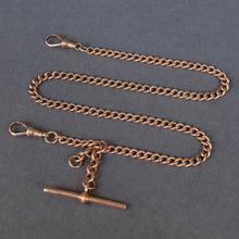 Load image into Gallery viewer, Antique watch chain with curb links, floating fob & double dog clips in 9ct gold (14.5" / 37cm)