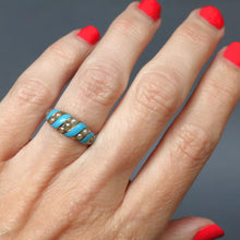 Load image into Gallery viewer, Antique ribbon ring. Blue enamel ribbon ring. Antique blue enamel ribbon ring. Victorian ribbon ring. Victorian blue enamel ring. Antique blue enamel ring. Antique enamel and pearl ring. Victorian enamel and pearl ring. Robin's egg blue enamel ring. Antique tiffany blue enamel ring. Victorian tiffany blue enamel ring.