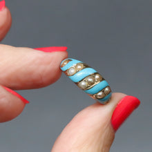 Load image into Gallery viewer, Antique ribbon ring. Blue enamel ribbon ring. Antique blue enamel ribbon ring. Victorian ribbon ring. Victorian blue enamel ring. Antique blue enamel ring. Antique enamel and pearl ring. Victorian enamel and pearl ring. Robin's egg blue enamel ring. Antique tiffany blue enamel ring. Victorian tiffany blue enamel ring.