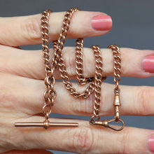 Load image into Gallery viewer, Albert chain. Watch chain. Gold watch chain. Curb link chain. Double dog clips. Dog clip chain. Floating fob. Chain with floating fob. Gold chain. Gold watch chain. Gold curb link chain. 9k gold chain. 9ct gold chain. Antique Albert watch chain with floating T-bar fob, double dog clips in 9ct rose gold. Short length antique chain. Choker length chain.