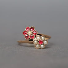 Load image into Gallery viewer, Antique toi et moi ring. Antique you and me ring. Antique garnet and pearl ring. Antique double cluster ring. Antique cluster ring. Antique flower ring. Antique daisy ring. Romantic ring. Valentine's Day ring. Valentine's Day jewellery jewelry. Anniversary ring.