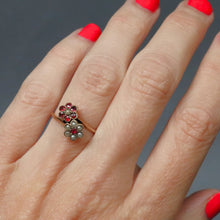 Load image into Gallery viewer, Antique toi et moi ring. Antique you and me ring. Antique garnet and pearl ring. Antique double cluster ring. Antique cluster ring. Antique flower ring. Antique daisy ring. Romantic ring. Valentine's Day ring. Valentine's Day jewellery jewelry. Anniversary ring.