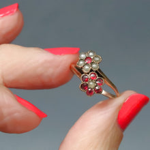 Load image into Gallery viewer, Antique toi et moi ring. Antique you and me ring. Antique garnet and pearl ring. Antique double cluster ring. Antique cluster ring. Antique flower ring. Antique daisy ring. Romantic ring. Valentine's Day ring. Valentine's Day jewellery jewelry. Anniversary ring.