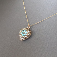 Load image into Gallery viewer, Antique Victorian era puffy heart pendant locket charm with seed pearls, turquoise and a diamond in 9ct rose gold. Forget-me-not motif for love and rememberance. Valentine's Day anniversary gift jewellery jewelry.