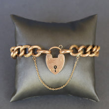 Load image into Gallery viewer, Antique gold bracelet. Antique curb link bracelet. Curb link bracelet. Chunky gold bracelet. Antique chunky gold bracelet. Heart padlock bracelet. Heart padlock. Padlock bracelet. Hollow link gold bracelet. Snakeskin bracelet. Antique snakeskin bracelet. Snake print bracelet.