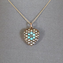 Load image into Gallery viewer, Antique heart pendant turquoise, pearl, diamond & 9ct gold