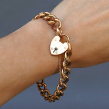 Load image into Gallery viewer, Antique gold bracelet. Antique curb link bracelet. Curb link bracelet. Chunky gold bracelet. Antique chunky gold bracelet. Heart padlock bracelet. Heart padlock. Padlock bracelet. Hollow link gold bracelet. Snakeskin bracelet. Antique snakeskin bracelet. Snake print bracelet.