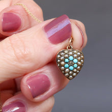 Load image into Gallery viewer, Antique Victorian era puffy heart pendant locket charm with seed pearls, turquoise and a diamond in 9ct rose gold. Forget-me-not motif for love and rememberance. Valentine's Day anniversary gift jewellery jewelry.