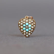 Load image into Gallery viewer, Antique Victorian era puffy heart pendant locket charm with seed pearls, turquoise and a diamond in 9ct rose gold. Forget-me-not motif for love and rememberance. Valentine's Day anniversary gift jewellery jewelry.