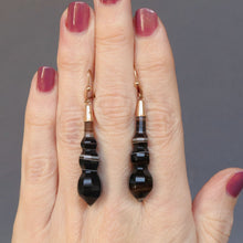 Load image into Gallery viewer, Antique Victorian era banded agate torpedo drop earrings. Brown cream colour. Gold filled ear hooks. Faceted design with graduated spheres ending at a point.