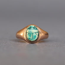 Load image into Gallery viewer, Antique vintage Egyptian revival scarab ring with blue green faience with a rose gold band.