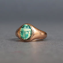 Load image into Gallery viewer, Vintage Egyptian revival scarab ring with blue faience in 9ct gold