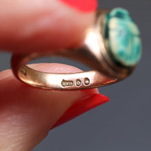 Load image into Gallery viewer, Vintage Egyptian revival scarab ring with blue faience in 9ct gold