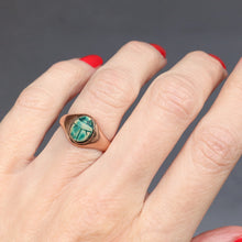 Load image into Gallery viewer, Antique vintage Egyptian revival scarab ring with blue green faience with a rose gold band.