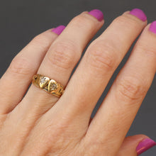 Load image into Gallery viewer, Antique mizpah ring. Victorian mizpah ring. Antique double heart ring. Victorian double heart ring. Antique double heart mizpah ring. Victorian double heart mizpah ring. Diamond mizpah ring. Diamond double heart ring. Mizpah stacking ring. Mizpah stacking band. Double heart stacking ring. Double heart stacking band. Mizpah wedding ring. Mizpah engagement ring. Double heart wedding ring. Double heart engagement ring. Antique anniversary ring. Victorian anniversary ring.
