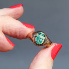 Load image into Gallery viewer, Vintage Egyptian revival scarab ring with blue faience in 9ct gold