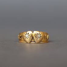 Load image into Gallery viewer, Antique mizpah ring. Victorian mizpah ring. Antique double heart ring. Victorian double heart ring. Antique double heart mizpah ring. Victorian double heart mizpah ring. Diamond mizpah ring. Diamond double heart ring. Mizpah stacking ring. Mizpah stacking band. Double heart stacking ring. Double heart stacking band. Mizpah wedding ring. Mizpah engagement ring. Double heart wedding ring. Double heart engagement ring. Antique anniversary ring. Victorian anniversary ring.