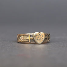 Load image into Gallery viewer, Antique Victorian era faith, hope and charity ring stacking band in 9ct yellow gold with scrolled engraving. Heart motif engraved with AEI for amity, eternity, infinity.