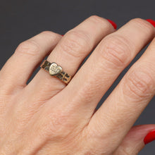 Load image into Gallery viewer, Antique Victorian era faith, hope and charity ring stacking band in 9ct yellow gold with scrolled engraving. Heart motif engraved with AEI for amity, eternity, infinity.