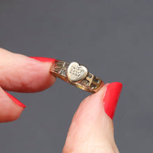 Load image into Gallery viewer, Antique Victorian era faith, hope and charity ring stacking band in 9ct yellow gold with scrolled engraving. Heart motif engraved with AEI for amity, eternity, infinity.