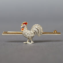 Load image into Gallery viewer, Cockerel brooch. Rooster brooch. Chicken brooch. Antique cockerel brooch. Diamond cockerel brooch. Edwardian cockerel brooch. Cockerel bar brooch. Enamel cockerel brooch. Antique rooster brooch. Antique chicken brooch. Antique figural brooch. Antique tie pin. Figural tie pin.