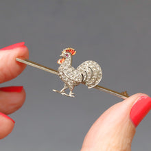 Load image into Gallery viewer, Cockerel brooch. Rooster brooch. Chicken brooch. Antique cockerel brooch. Diamond cockerel brooch. Edwardian cockerel brooch. Cockerel bar brooch. Enamel cockerel brooch. Antique rooster brooch. Antique chicken brooch. Antique figural brooch. Antique tie pin. Figural tie pin.