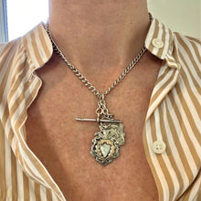 Load image into Gallery viewer, Antique watch chain. Antique Albert chain. Double Albert chain. Silver Albert chain. Sterling silver watch chain. Silver watch chain. Curb link chain. Curb link silver chain. Antique curb link chain. T-bar fob. Antique medals. Shield fobs. Double dog clips. Double lobster claw. Lobster claw clasp. Floating fob.