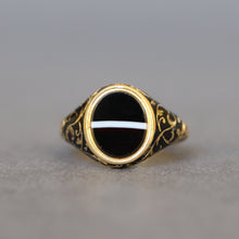 Load image into Gallery viewer, Antique mourning ring. Victorian mourning ring. Banded agate ring. Victorian banded agate ring. Antique banded agate ring. Sardonyx ring. Black enamel ring. Antique black enamel ring. Victorian black enamel ring.