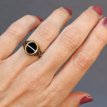 Load image into Gallery viewer, Antique Victorian mourning ring with agate & enamel in 18ct gold