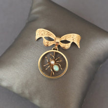 Load image into Gallery viewer, Vintage mid-century spider converter pendant brooch with engraved bow mount. Spider as an opal and pearl to the abdomen with gold body. Halloween jewellery jewelry jewels.