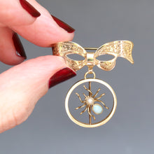 Load image into Gallery viewer, Vintage mid-century spider converter pendant brooch with engraved bow mount. Spider as an opal and pearl to the abdomen with gold body. Halloween jewellery jewelry jewels.