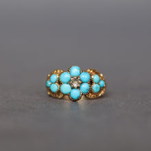 Load image into Gallery viewer, Antique Victorian era mourning ring with turquoise and diamond in a forget-me-not design. Pinky ring.