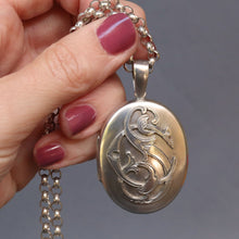 Load image into Gallery viewer, Antique monogram locket. Antique silver locket. Antique Victorian locket. SC monogram locket. CS monogram locket. SC initials. CS initials. SC jewelry. CS jewelry. SC jewellery. CS jewellery. Antique monogram necklace. Victorian monogram necklace. Antique silver necklace. Antique silver necklace with locket. Belcher link chain. Silver chain. Silver belcher link chain.