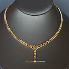 Load image into Gallery viewer, Albert chain. Watch chain. Gold watch chain. Curb link chain. Graduated curb link chain. Graduated link chain. Double dog clips. Dog clip chain. Floating fob. Chain with floating fob. Gold chain. Gold watch chain. Gold curb link chain. 9k gold chain. 9ct gold chain.