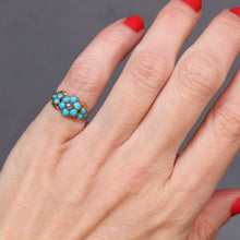 Load image into Gallery viewer, Antique Victorian era mourning ring with turquoise and diamond in a forget-me-not design. Pinky ring.