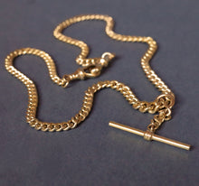 Load image into Gallery viewer, Albert chain. Watch chain. Gold watch chain. Curb link chain. Graduated curb link chain. Graduated link chain. Double dog clips. Dog clip chain. Floating fob. Chain with floating fob. Gold chain. Gold watch chain. Gold curb link chain. 9k gold chain. 9ct gold chain.