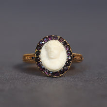 Load image into Gallery viewer, Antique mourning ring. Georgian mourning ring. Mourning ring with amethysts. Mourning ring with amethyst halo. Mourning ring with amethyst border. Mourning ring with marble bust. Mourning ring with marble cameo. White marble ring. Musuem quality ring. Georgian marble ring. Oval mourning ring. Black enamel ring. Antique black enamel ring. Memento mori ring. Memorial ring.